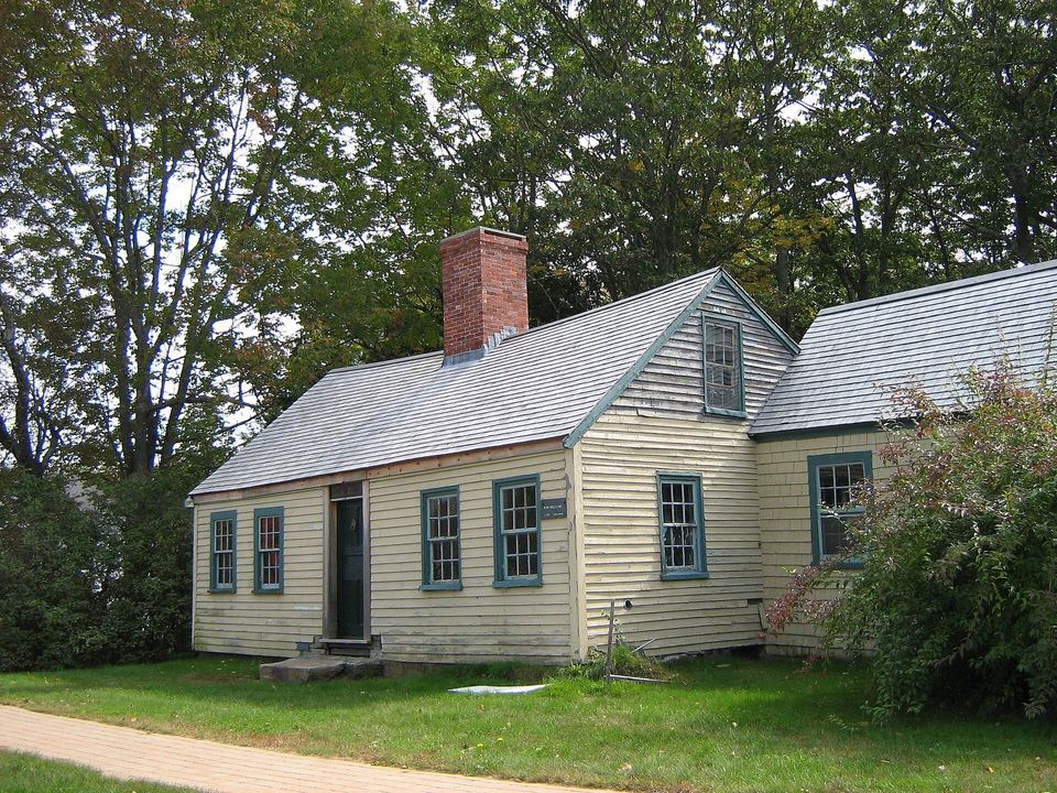 Pale yellow Cape Cod house with a brick chimney and an attached wing under tall trees